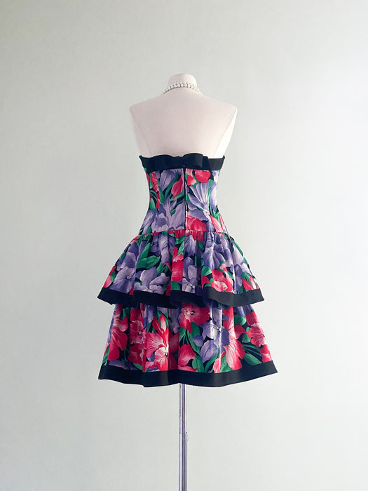 1980's AJ Bari Floral Print Cotton Party Dress / Sz S