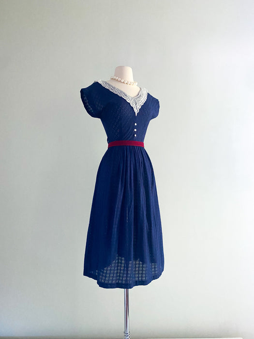 1950's French Girl Chic Navy Cotton Sundress / Sz s