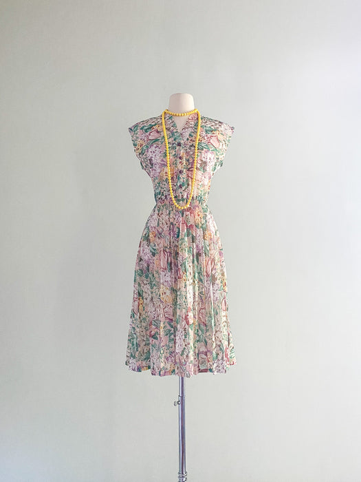 1970's Soft Floral Day Dress With Pleated Skirt / Medium