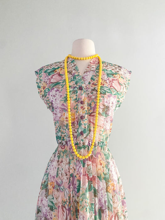 1970's Soft Floral Day Dress With Pleated Skirt / Medium