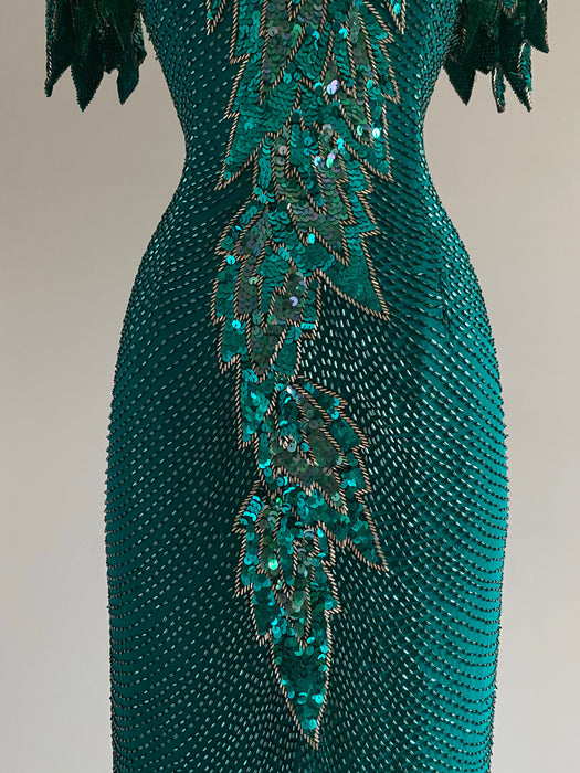 Vintage 1980's Poison Ivy Emerald Green Beaded Silk Evening Gown / Size 8