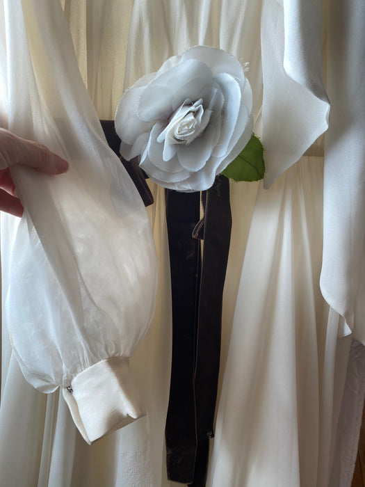 Chic 1970's Ivory Chiffon Wedding Dress With Bishop Sleeves Camellia Sash / Medium