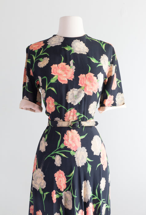 Beautiful 1940's Navy Blue Rayon Dress With Carnations by Hannah Troy / Medium