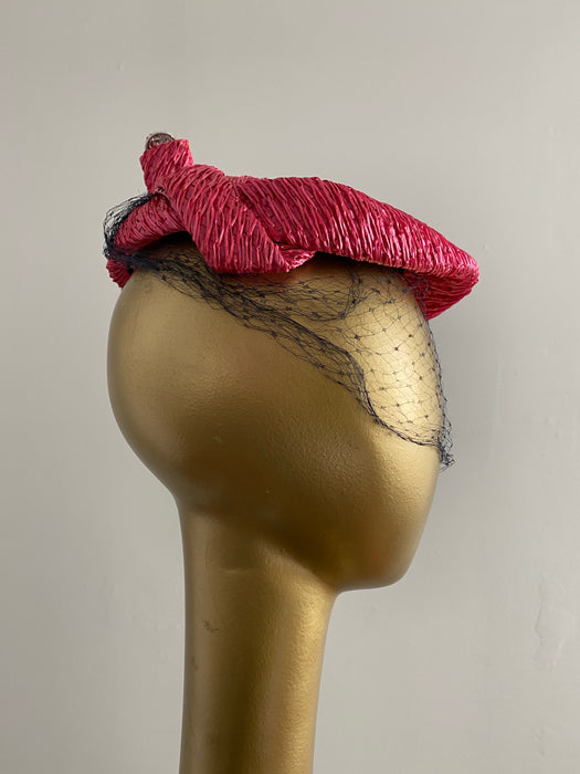 1950's Pink Straw Hat With Navy Blue Veil by Olga & Louise