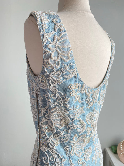 Exquisite 1960's Wedgewood Blue Beaded Silk Evening Gown / Small