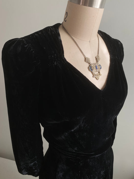 Vintage 1930's Black Silk Velvet Cocktail Dress / Small