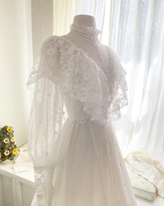 1970s Victorian Inspired Wedding Gown With Balloon Sleeves and Embroidered Lace / Small