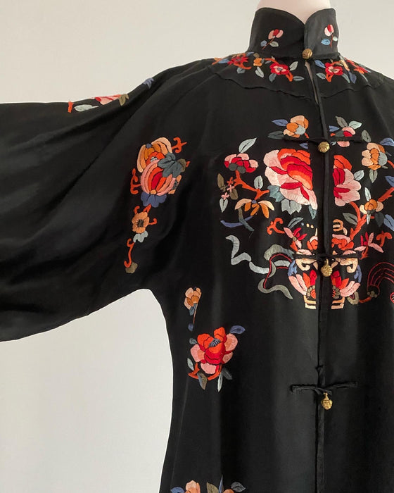 Rare Early 20th Century Embroidered Silk Chinese Robe With Peony Blossoms / Medium