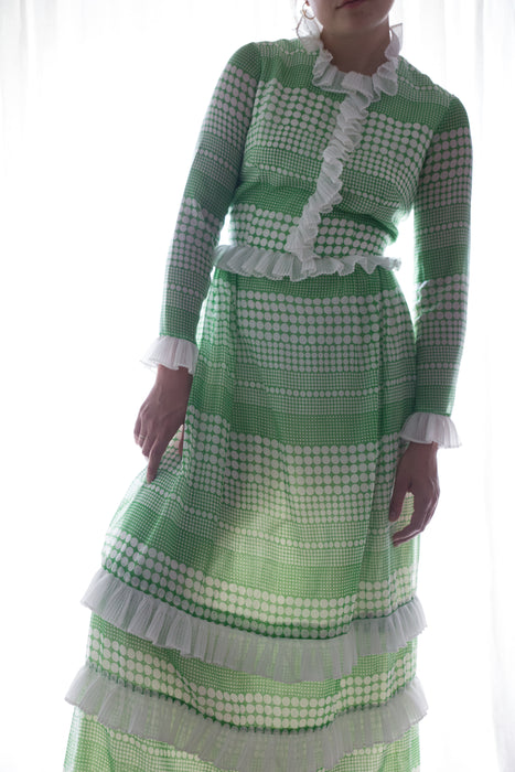 1970's Green and White Polka Dot Garden Party Maxi Dress / Waist 26