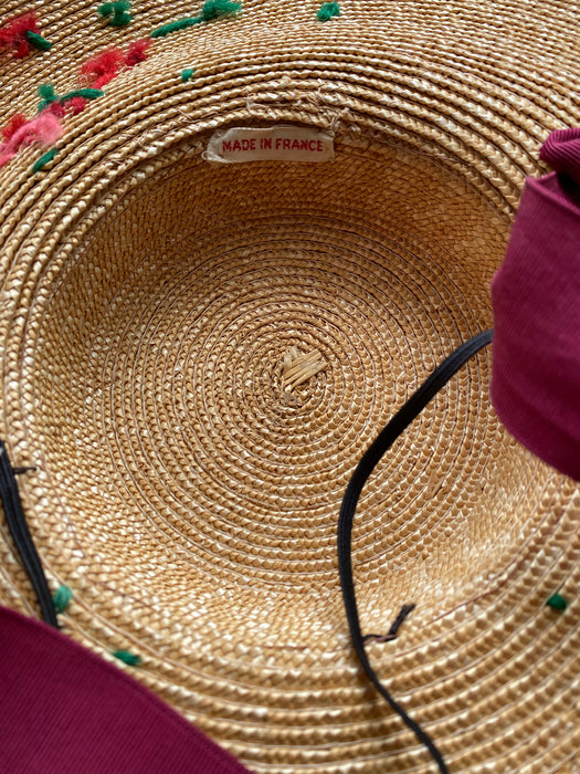 Fabulous 1930's Embroidered Straw Cartwheel Hat From France