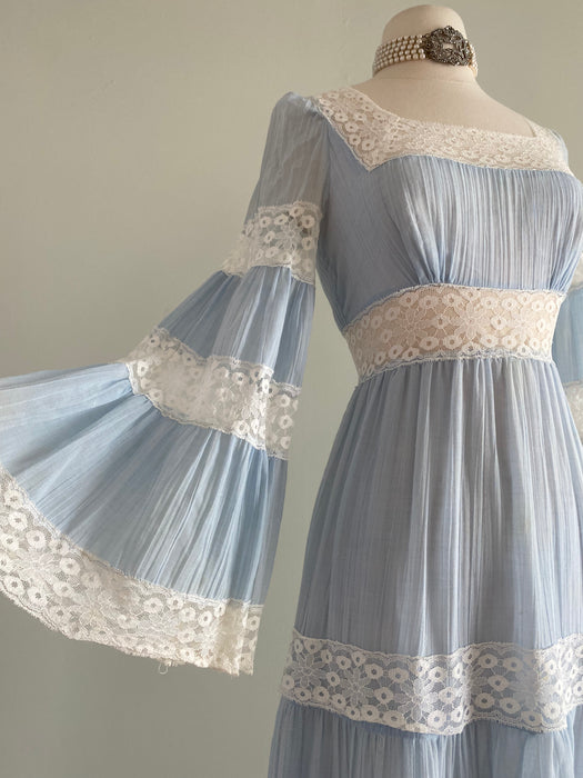 Dreamy 1970's Pale Blue Broomstick Cotton Maxi Dress / Small