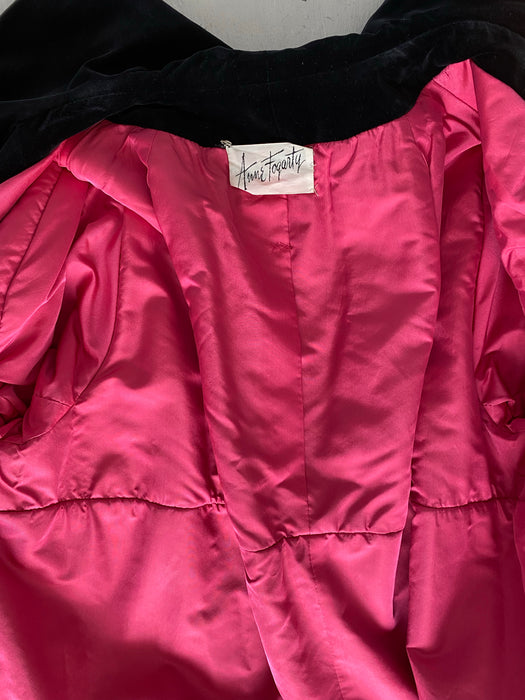 Fabulous 1950's Shocking Pink & Black Velvet Cocoon Coat By Anne Fogarty / SM