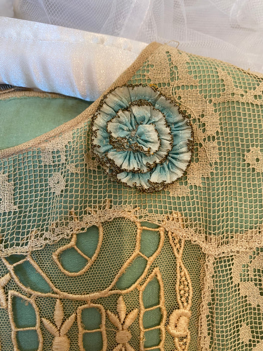 Exquisite 1920's Absinthe Green Silk Embroidered Net Dress / XS