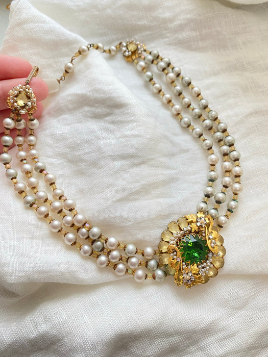 Vintage 1950's Baroque Pearl Triple Strand Necklace With Emerald Center
