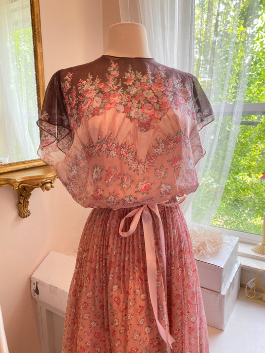 1970's Romantic Cotton Voile Floral Print Gown / XS