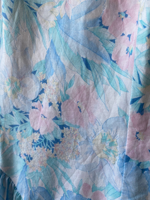 1980's Pastel Garden Print Cotton Dress With Bow Back / Medium