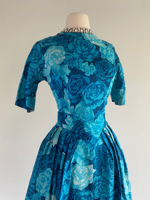 Stunning 1950's Suzy Perette Blue Rose Print Silk Occasion Dress / Small