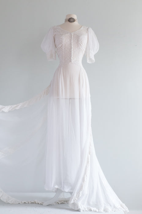 Ethereal 1930's Chiffon Wedding Gown With Lace Insets And Flowing Train  / medium