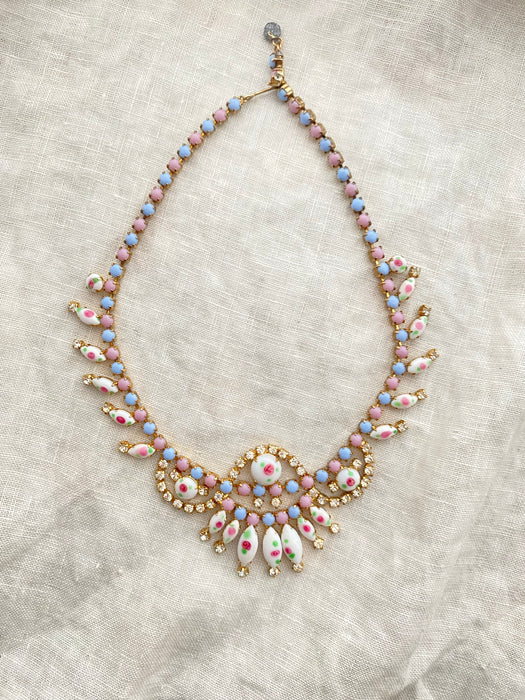 Romantic 1950's Rhinestone Necklace With Rose Painted Jewels