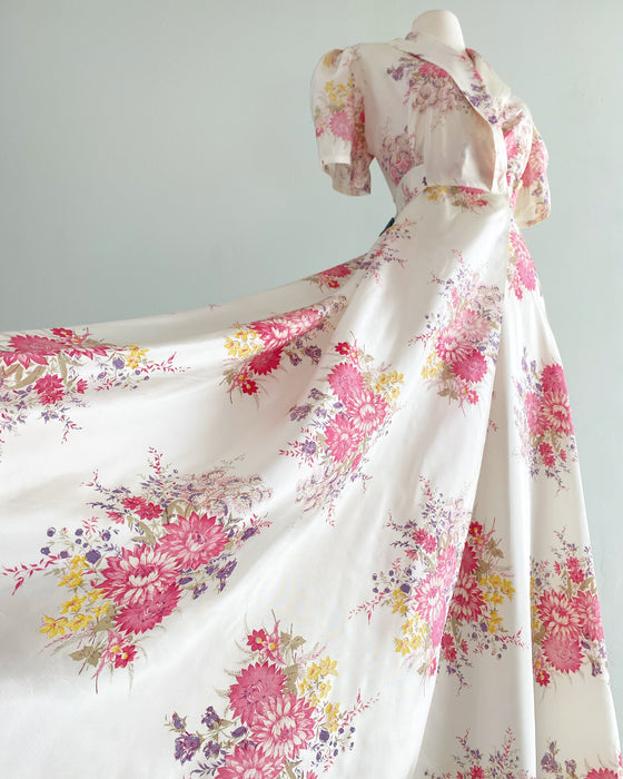 The Prettiest 1930's Floral Print Taffeta Dressing Gown / Medium