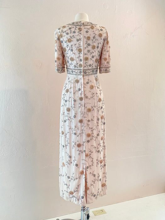 Elegant 1960's Beaded Pink SAKURA Blossom Evening Gown With Sleeves / Small
