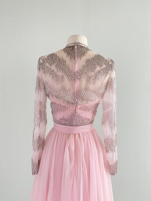 Vintage 1960's Beaded Peony Pink Chiffon Evening Gown / XS