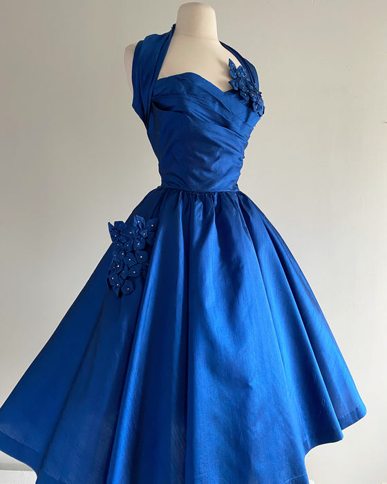 1950's Sapphire Blue Silk Party Dress With Rhinestones / Waist 27