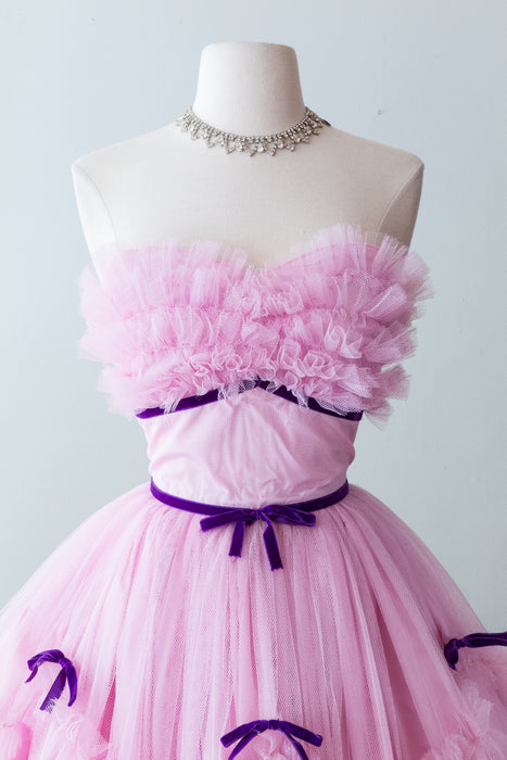 Stunning 1950's Lilac Tulle Party Dress With Velvet Bows / Waist 24