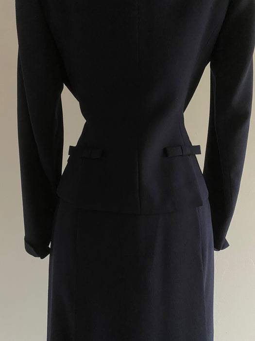 Elegant 1950's Navy Blue Wool Suit By Zelinka-Matlick / Small