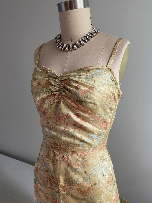 Vintage 1940's Golden Chinese Silk Brocade Evening Gown / Small