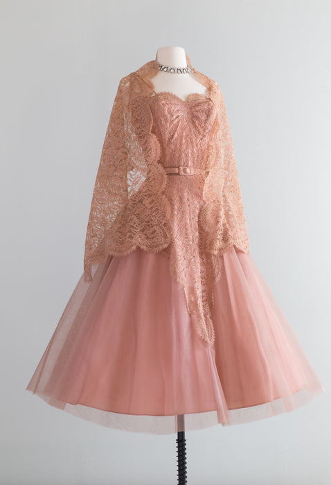 Exquisite 1950's Autumn Rose Party Dress With Mantilla Style Shawl / Waist 26