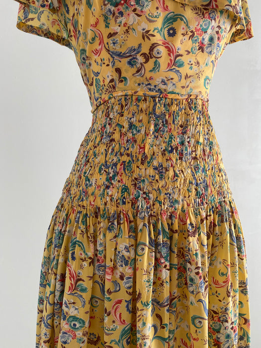 Lovely 1930's Yellow Shirred Rayon Floral Print Afternoon Dress / Medium