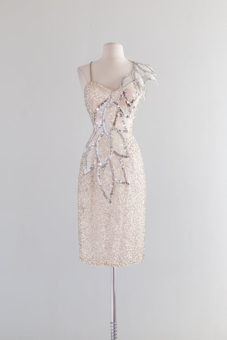 Fabulous 1980's Silver Leaf Beaded Cocktail Party Dress / Medium