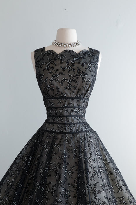 Fabulous 1950's Black Eyelet Organza Party Dress / Waist 29
