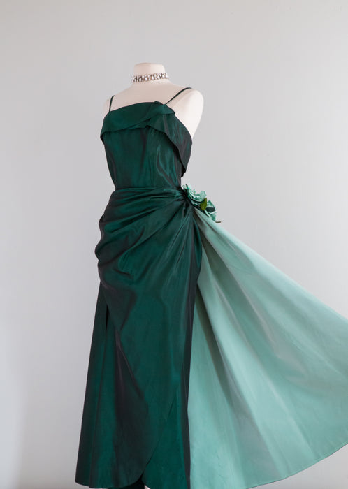 Spectacular 1950's Emerald Green Taffeta Evening Gown / Size Large