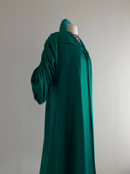 Stunning 1950's Emerald Green Opera Coat With Shirred Sleeves / Medium