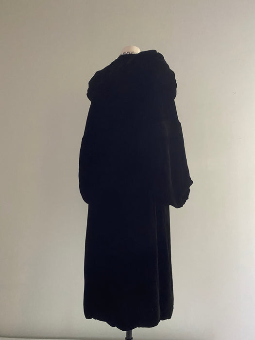 Luxurious 1920's Black Silk Velvet Opera Coat With Shawl Collar / SM