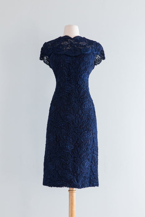 Sublime 1960's Midnight Blue Alencon Lace Cocktail Dress / ML