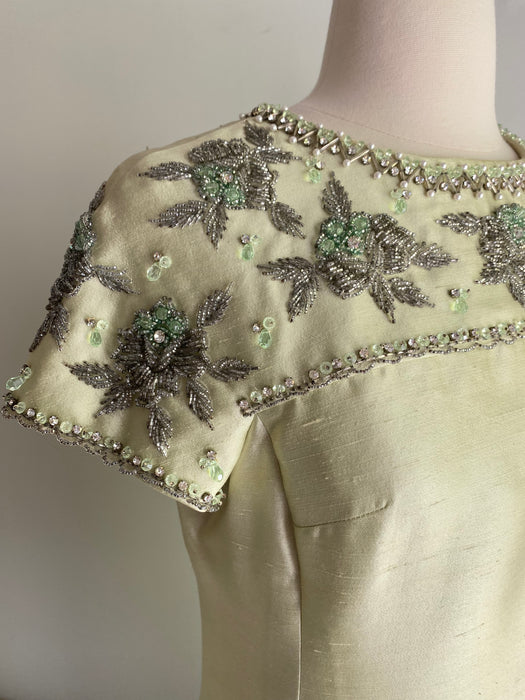 Elegant 1960's Celadon Green Shantung Silk Beaded Evening Gown By Jean Lutece / Med.