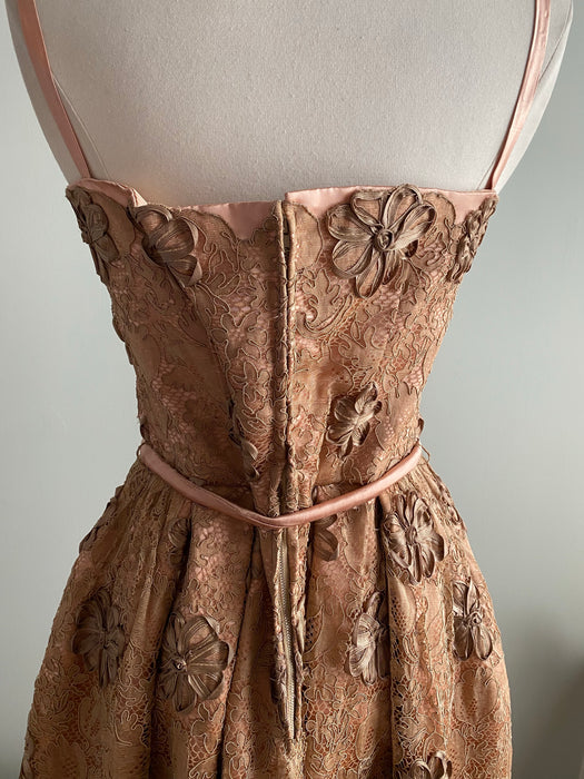 Fabulous 1950's Toffee Satin And Lace Soutache Party Dress / Medium