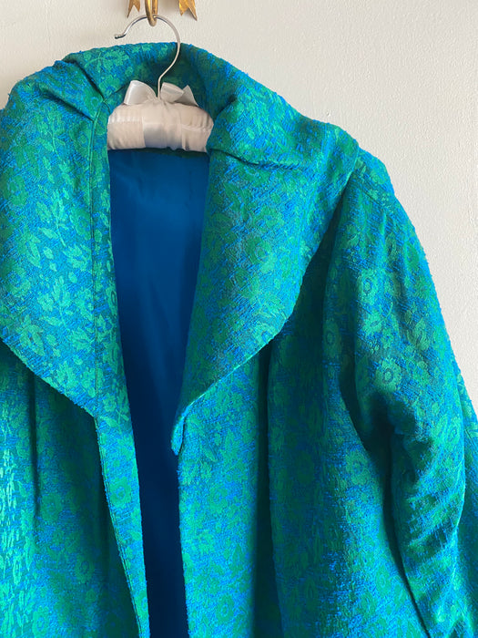 FAB Late 1950's Blue & Green Brocade Cocktail Dress & Coat / SM