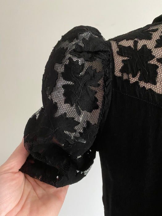 1930's Black Rayon Crepe Falling Leaves Cocktail Dress With Puff Sleeves / Small