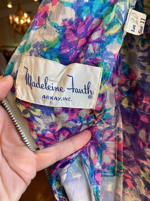 Early 1950's New Look Silk Watercolor Floral Dress By Madeleine Fauth / Waist 26