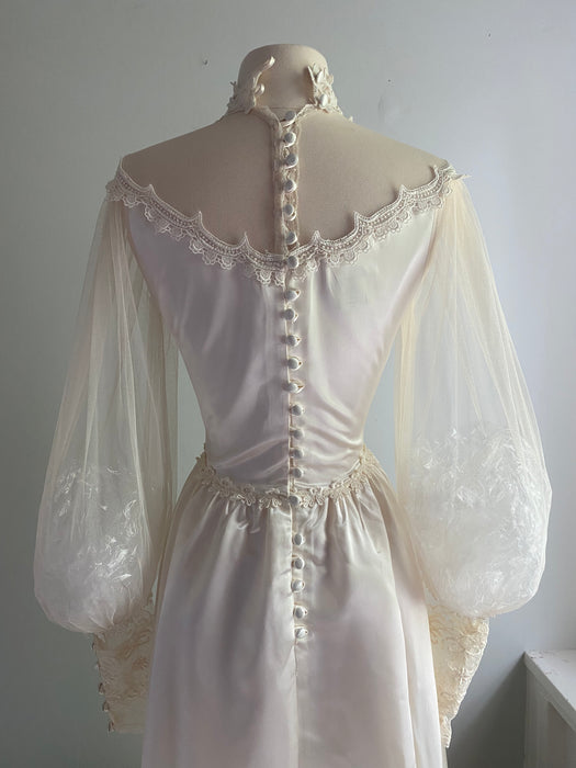 Gleaming 1970's Slipper Satin and Lace Wedding Gown By Gunne Sax / Small