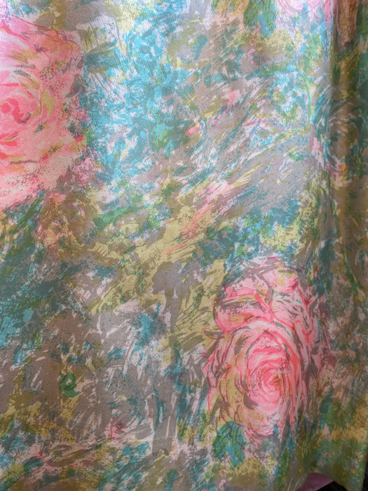 Late 1950's Pink Rose Print Silk Dress & Jacket By Abe Schrader / Waist 30"