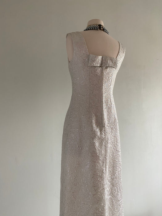 Fabulous 1960's Metallic Silver Brocade Evening Gown With Bows / Small