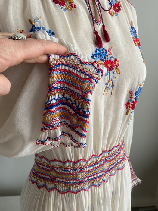 Rare 1920's Embroidered Hungarian Cotton Peasant Dress / Med.
