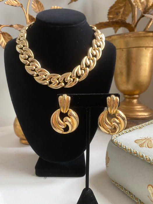 Vintage 1980's Glam Chunky Goldtone Necklace & Earring Set