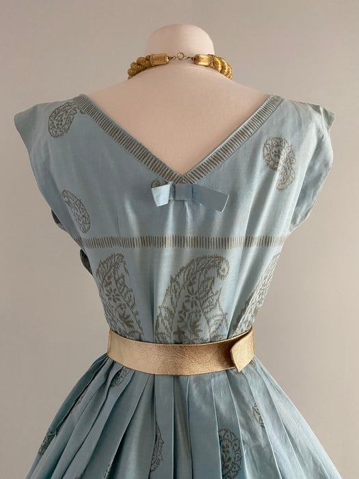Gorgeous 1950's Pale Blue Cotton Day Dress With Gold Paisley Print / Small