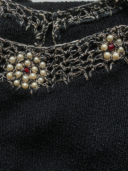 1940's Black Rayon Knit Top With Beaded Neckline / Medium